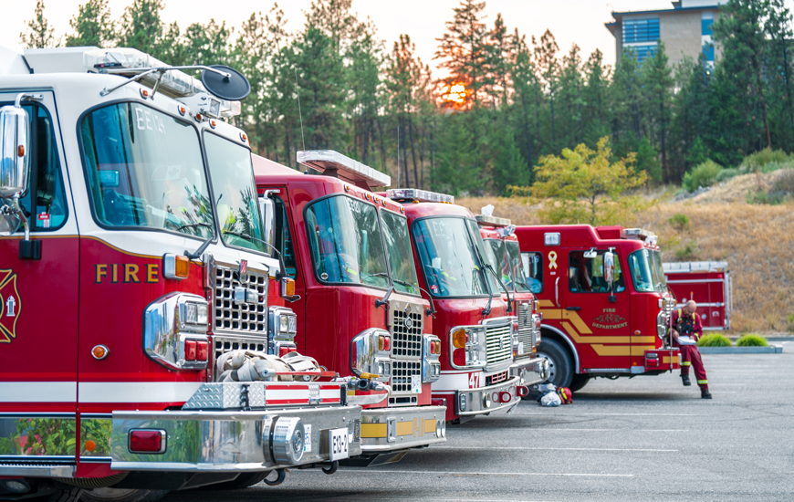 A line of firetrucks parked at UBC Okanagan.