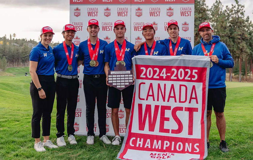 Members of the UBCO Heat men's golf team pose with the championship banner and plaque following their victory at the 2024 Canada West Championship hosted at the Okanagan Golf Club.